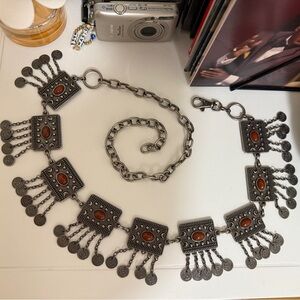 Unique Vintage Silver Chain Fringe Chain Belt with Red/Orange Beading